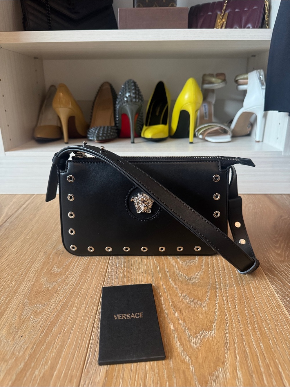 Versace Black Leather Handbag with Silver Medusa Head Stud Accents